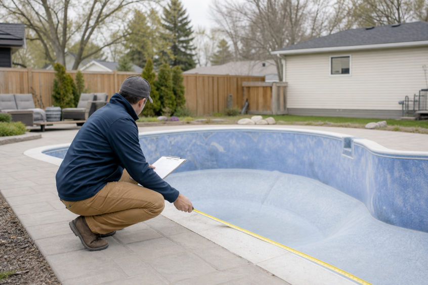 Pool technician measuring a drained backyard pool for renovation planning